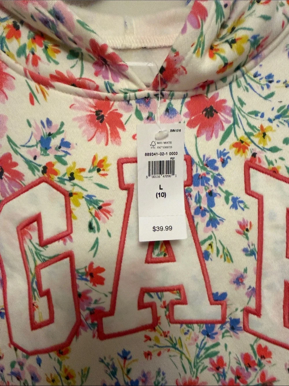 GAP Floral Hoodie Pullover - White with Pink & Blue Flowers